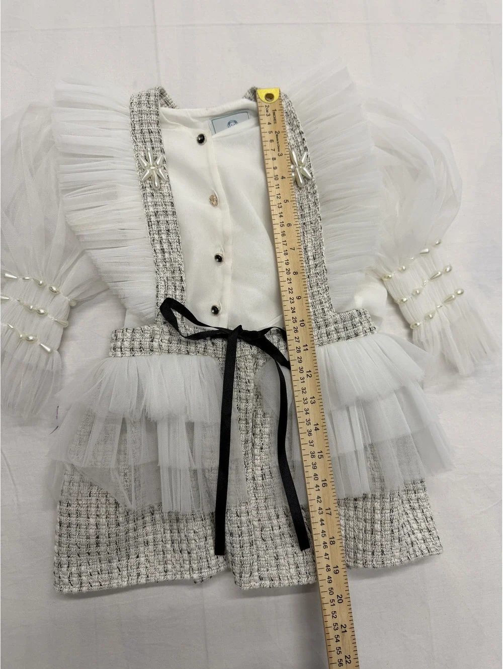 Petite Maison Kids White Tulle and Tweed Dress with Pearl Details and Black Bow